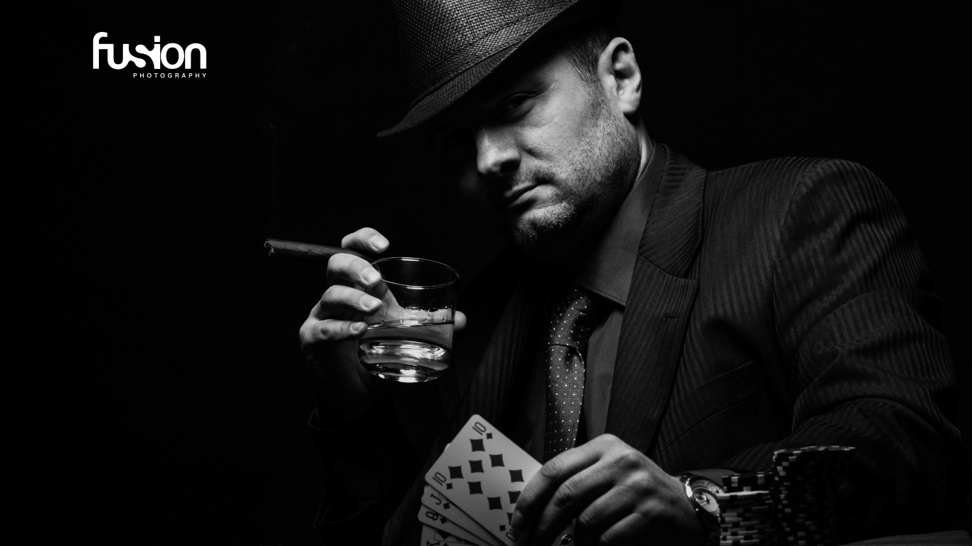 men image with playing card and wine glass
